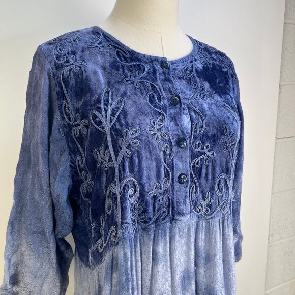 Vintage Velvet Midi Tiered Dress Blue Tie Dye Whimsical - Picture 2 of 9